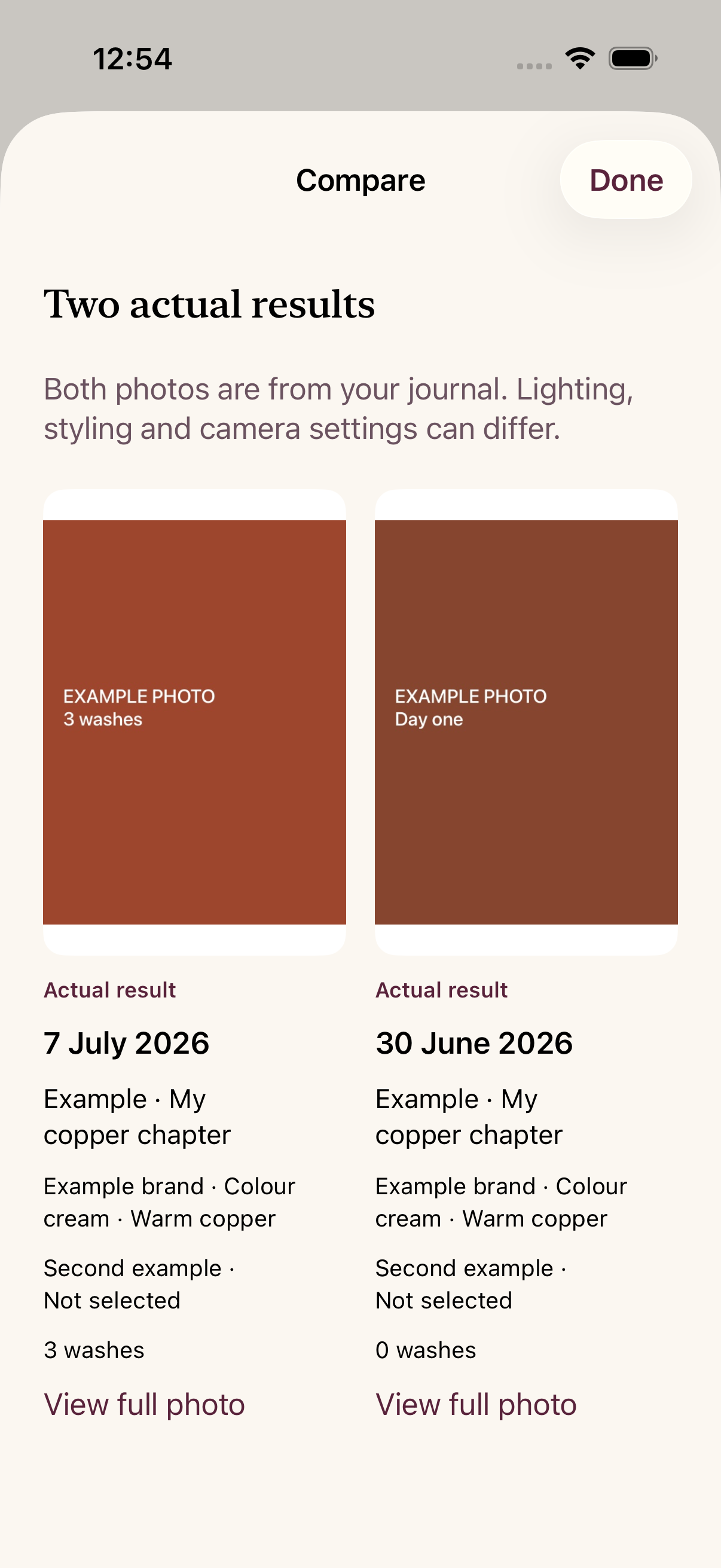 Current Shade Diary development screen comparing two labelled actual-result records using solid-colour example-photo fixtures, with dates and wash counts visible; no customer photograph or predicted dye result is shown.