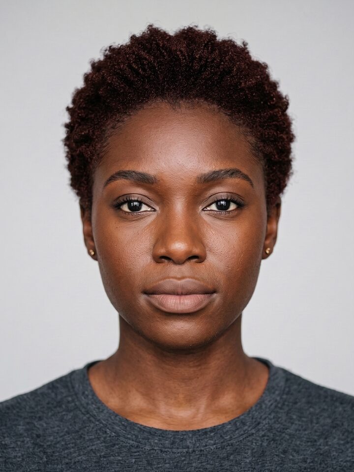 The same woman, the same coils, now in a deep cherry-cola red.