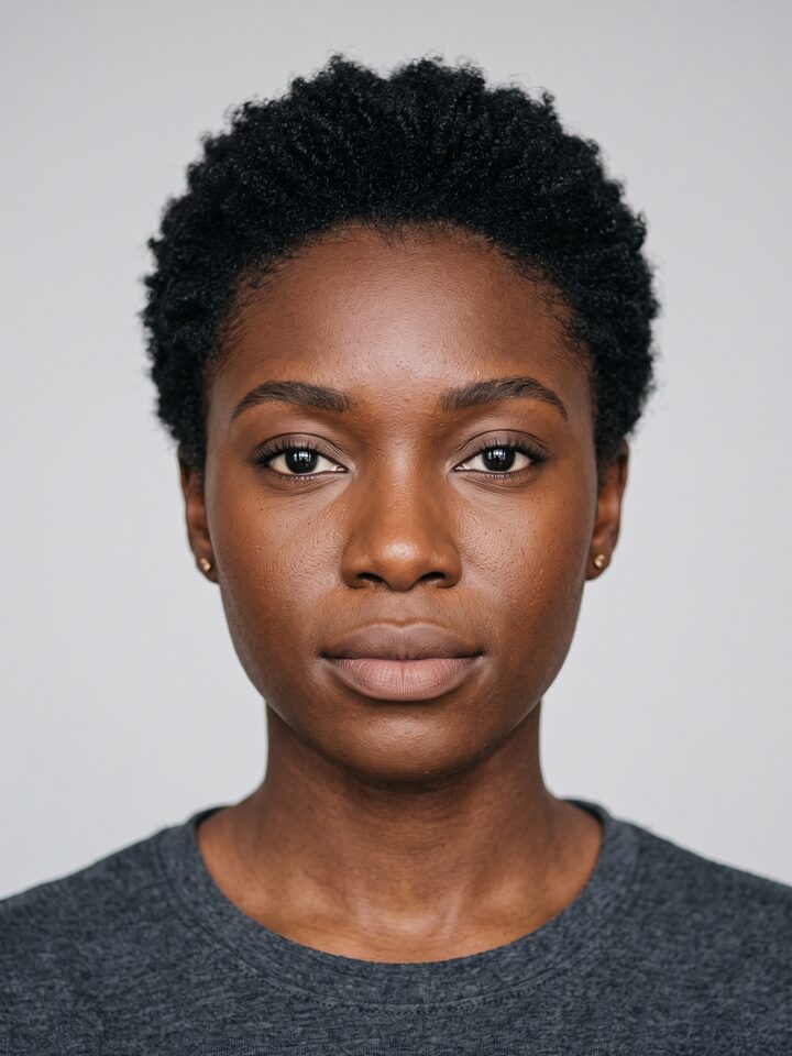 A woman with tightly coiled hair in a short tapered cut, before any colour change.